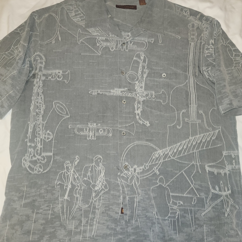Tori Richards Silk Saxaphone Charcoal Musical Print Shirt